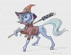 Size: 899x694 | Tagged: safe, artist:adeptus-monitus, trixie, pony, unicorn, g4, alternate clothes, belt, colored, female, fire, hat, mare, napalm staff, simple background, solo, staff, white background, wizard hat