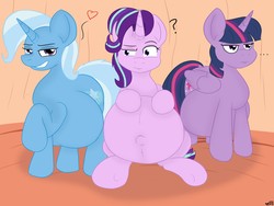 Size: 1600x1200 | Tagged: safe, artist:theimmortalwolf, derpibooru exclusive, starlight glimmer, trixie, twilight sparkle, alicorn, pony, unicorn, g4, ..., belly, big belly, female, floating heart, golden oaks library, heart, lidded eyes, mare, outie belly button, preglight glimmer, preglight sparkle, pregnant, question mark, raised eyebrow, raised hoof, trio, trio female, twilight sparkle (alicorn), twilight sparkle is not amused, unamused