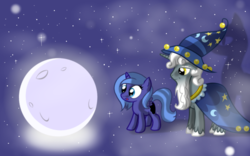 Size: 1600x1000 | Tagged: safe, artist:theroyalprincesses, princess luna, star swirl the bearded, g4, filly, moon, no more ponies at source, stars, woona