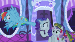 Size: 1920x1080 | Tagged: safe, screencap, rainbow dash, rarity, sweetie belle, pony, 28 pranks later, g4, dynamic entry, filly guides