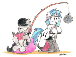 Size: 2093x1575 | Tagged: safe, artist:bobthedalek, dj pon-3, octavia melody, vinyl scratch, earth pony, pony, unicorn, g4, beanbag chair, book, carrot on a stick, exercise, exercise bike, fishing rod, headband, lidded eyes, looking at something, newbie artist training grounds, open mouth, reading, record, sitting, smiling, sweatband, traditional art