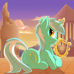 Size: 2000x2000 | Tagged: safe, artist:sea-maas, lyra heartstrings, pony, unicorn, g4, butt, cloud, female, glowing horn, high res, horn, lying down, lyre, magic, mare, plot, prone, smiling, solo, sunset, telekinesis