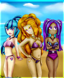 Size: 3600x4344 | Tagged: safe, artist:cometshina, adagio dazzle, aria blaze, sonata dusk, equestria girls, g4, beach, bikini, clothes, swimsuit, the dazzlings