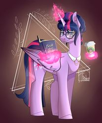 Size: 2896x3500 | Tagged: safe, artist:hfinder, twilight sparkle, alicorn, pony, g4, alternate hairstyle, book, coffee, coffee cup, cup, female, glasses, hair bun, high res, magic, mare, solo, telekinesis, twilight sparkle (alicorn)