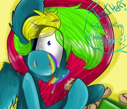 Size: 2048x1754 | Tagged: safe, artist:feathershine1, oc, oc only, oc:feather shine, pony, 28 pranks later, g4, cookie, cookie zombie, food, rainbow muzzle, solo