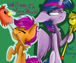Size: 1024x853 | Tagged: safe, artist:feathershine1, scootaloo, twilight sparkle, alicorn, pony, g4, the cart before the ponies, chicken scepter, cute, cutealoo, duo, mouth hold, scepter, scootachicken, twilight scepter, twilight sparkle (alicorn), twilight sparkle is not amused, unamused