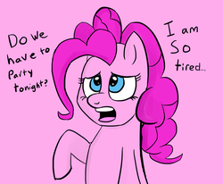 Size: 1280x1056 | Tagged: safe, artist:itsthinking, pinkie pie, g4, female, out of character, simple background, solo, text, tired