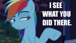 Size: 1280x720 | Tagged: safe, screencap, rainbow dash, pony, 28 pranks later, g4, female, i see what you did there, meme, solo