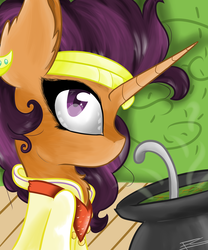 Size: 1024x1229 | Tagged: safe, artist:feathershine1, saffron masala, g4, spice up your life, cooking, female, food, solo