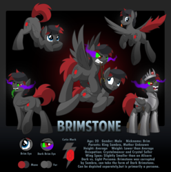Size: 3472x3499 | Tagged: safe, artist:drawponies, oc, oc only, oc:brimstone, pegasus, pony, armor, body armor, butt, collar, corrupted, evil laugh, evil smile, face down ass up, fangs, flying, high res, offspring, original character do not steal, parent:king sombra, plot, reference sheet, sad, scared, sombra eyes