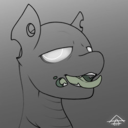 Size: 1280x1280 | Tagged: safe, artist:some-spadestuff, changeling, creepy, grayscale, green tongue, monochrome, open mouth, partial color, solo, tongue out