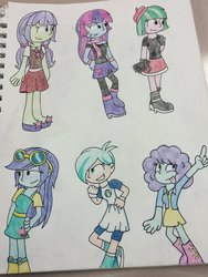 Size: 1024x1365 | Tagged: safe, artist:imtailsthefoxfan, blueberry cake, blueberry pie, drama letter, mystery mint, starlight, tennis match, watermelody, equestria girls, g4, background human, traditional art