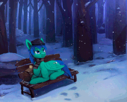 Size: 675x540 | Tagged: safe, artist:rodrigues404, oc, oc only, oc:swiftnote, pegasus, pony, animated, bag, bench, clothes, forest, glasses, hat, prone, scarf, scenery, scenery porn, snow, snowfall, winter