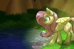 Size: 3300x2200 | Tagged: safe, artist:bravefleet, fluttershy, g4, female, grass, high res, lake, solo, tree, water