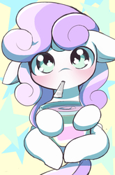 Size: 939x1425 | Tagged: dead source, safe, artist:ccc, sweetie belle, pony, unicorn, g4, cute, diasweetes, eating, female, floppy ears, food, ice cream, mare, missing horn, solo