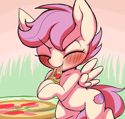 Size: 1752x1661 | Tagged: safe, artist:ccc, scootaloo, pegasus, pony, g4, blushing, cute, cutealoo, cutie mark, eating, female, filly, food, mare, meat, pepperoni, pepperoni pizza, pizza, ponies eating meat, solo, the cmc's cutie marks
