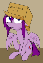 Size: 2056x2947 | Tagged: safe, artist:ampderg, oc, oc only, oc:silica tetrahedron, pegasus, pony, bad poner box, box, colored pupils, cute, floppy ears, frown, high res, lidded eyes, looking up, poner, raised hoof, sad, sitting, solo, spread wings, wing fluff