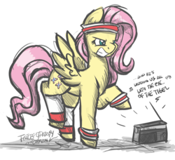 Size: 1280x1169 | Tagged: safe, artist:flutterthrash, fluttershy, pegasus, pony, g4, eye of the tiger, female, headband, mare, newbie artist training grounds, radio, rock (music), solo, sweatband, workout