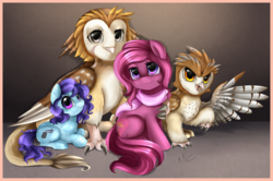 Size: 2858x1899 | Tagged: safe, artist:pridark, oc, oc only, oc:chosen heart, barn owl, crystal pony, griffon, pony, clothes, commission, cute, open mouth, prone, scarf, signature, sitting, smiling