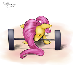 Size: 2000x1800 | Tagged: safe, artist:ferasor, fluttershy, pony, g4, barbell, eyes closed, female, mouth hold, newbie artist training grounds, solo, weight lifting, weights