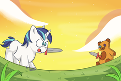 Size: 1200x800 | Tagged: safe, artist:chrisrainicorn, shining armor, pony, g4, colt, cute, newbie artist training grounds, sword, teddy bear, weapon