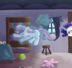 Size: 2000x1904 | Tagged: safe, artist:vanillaghosties, rarity, sweetie belle, pony, unicorn, g4, backpack, ball, bed, bookshelf, crying, magic, satchel, telekinesis, toy