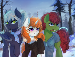 Size: 1280x984 | Tagged: safe, artist:asianpony, oc, oc only, bat pony, earth pony, pony, unicorn, fanfic:мастера на все копыта, clothes, fanfic, fanfic art, festral, male, pencil, scarf, snow, snowfall, stallion, weapon, winter
