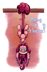 Size: 1500x2300 | Tagged: safe, artist:heir-of-rick, pinkie pie, g4, belly button, big ears, cute, diapinkes, ear fluff, female, hang in there, hanging, impossibly large ears, prehensile tail, solo, sweat, sweatband, upside down
