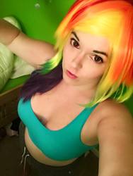 Size: 720x960 | Tagged: safe, artist:mintyblitzz, rainbow dash, human, g4, breasts, cleavage, clothes, cosplay, costume, female, irl, irl human, looking at you, midriff, photo, selfie, solo, sports bra, wip