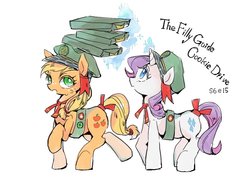 Size: 800x600 | Tagged: safe, artist:wan, applejack, rarity, g4, duo, filly guides, head carry, package, younger