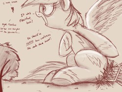 Size: 1280x960 | Tagged: safe, artist:ncmares, rainbow dash, spitfire, pony, g4, newbie dash, big-pon, bleachers, clothes, destruction, dialogue, giant pony, implied fleetfoot, macro, monochrome, open mouth, rainbow crash, sketch, wonderbolts uniform