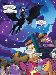 Size: 720x960 | Tagged: safe, artist:tony fleecs, idw, official comic, apple bloom, nightmare moon, pinkie pie, scootaloo, spike, sweetie belle, zecora, alicorn, earth pony, pony, zebra, g4, ponies of dark water, spoiler:comic, spoiler:comic45, clown, cutie mark crusaders, ethereal mane, female, filly, foal, helmet, hoof shoes, mare, peytral, pinkie joker, preview, speech bubble, starry mane, tempting fate