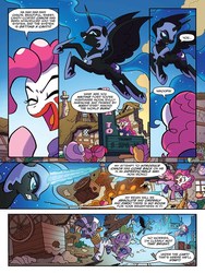 Size: 720x960 | Tagged: safe, artist:tonyfleecs, idw, official comic, nightmare moon, pinkie pie, spike, zecora, dragon, earth pony, pony, zebra, g4, ponies of dark water, spoiler:comic, spoiler:comic45, clown, comic, ear piercing, earring, ethereal mane, face paint, female, flying, helmet, hoof shoes, jewelry, leg rings, male, mare, neck rings, nightmare moon glamour, peytral, piercing, pinkie joker, preview, speech bubble, starry mane