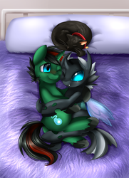 Size: 1449x2000 | Tagged: safe, artist:pridark, oc, oc only, changeling, pony, unicorn, bell, black cat, blushing, collar, commission, cuddling, cute, duo, hug, one eye closed, sleeping, snuggling, wink