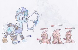 Size: 2598x1671 | Tagged: safe, artist:egg_roll, arrow, bow (weapon), bow and arrow, league of legends, ponified, traditional art, weapon