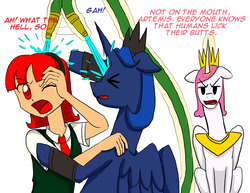 Size: 1280x989 | Tagged: safe, artist:redanon, princess celestia, princess luna, oc, oc:femanon, alicorn, human, g4, angry, disgusted, femanon in malequestria, hose, hosing down, human oc, insult, king solaris, prince artemis, prince solaris, red eyes, red hair, royal brothers, rule 63, shock, wet