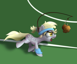 Size: 1200x1000 | Tagged: safe, artist:klemm, derpy hooves, pegasus, pony, g4, carrot on a stick, female, fishing rod, food, hoofband, mare, muffin, newbie artist training grounds, running, sweatband, training