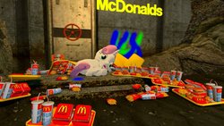 Size: 1024x576 | Tagged: safe, artist:storm chaser, sweetie belle, pony, unicorn, g4, 3d, burger, fat, female, filly, food, french fries, gmod, hamburger, mcdonald's, soda, solo, this will end in tears and/or death, this will end in tears and/or death and/or covered in tree sap, this will end in weight gain