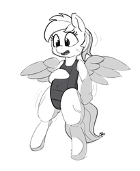 Size: 1280x1560 | Tagged: safe, artist:pabbley, rainbow dash, pony, g4, bipedal, black swimsuit, clothes, cute, dashabetes, female, monochrome, one-piece swimsuit, solo, swimsuit