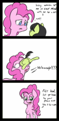 Size: 692x1414 | Tagged: safe, artist:happy harvey, pinkie pie, oc, oc:anon, oc:filly anon, earth pony, pony, g4, absorption, butt, chest fluff, comic, cutie mark, dialogue, dock, eye color change, female, filly, forehead, grammar error, mare, mind control, phone drawing, plot, possessed, possession, the grim adventures of billy and mandy, wall eyed, wat