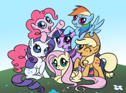 Size: 1085x803 | Tagged: safe, artist:underwoodart, applejack, fluttershy, pinkie pie, rainbow dash, rarity, twilight sparkle, g4, mane six, mane six opening poses, scene interpretation