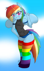 Size: 1024x1652 | Tagged: safe, artist:inkytentaclemonster, rainbow dash, anthro, unguligrade anthro, g4, belly button, bra strap, breasts, clothes, cute, cutie mark, dashabetes, delicious flat chest, female, hips, rainbow socks, shirt, shorts, smirk, socks, solo, stockings, striped socks, thigh highs, wingding eyes