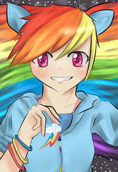 Size: 2000x2900 | Tagged: safe, artist:keentosleep, rainbow dash, human, g4, ambiguous facial structure, eared humanization, female, heart eyes, humanized, nail polish, solo, thousand yard stare, wingding eyes