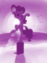 Size: 754x1000 | Tagged: safe, artist:dstears, pinkie pie, g4, beach, concentrating, crossover, female, headband, karate kid, kung fu, log, martial arts, monochrome, parody, solo, standing, standing on one leg, sunset, training