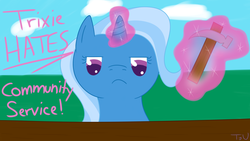 Size: 1600x900 | Tagged: safe, artist:tyrannisumbra, trixie, pony, unicorn, g4, community service, female, fence, hammer, mare, solo, text