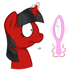 Size: 530x532 | Tagged: dead source, safe, artist:glimglam, twilight sparkle, fanfic:twilight turns into a red and black alicorn, g4, fanfic, fanfic art, female, frown, magic, mirror, palette swap, recolor, scrunchy face, shocked, solo, sweat, wide eyes