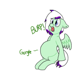 Size: 1024x945 | Tagged: safe, artist:frostysugah, oc, oc only, oc:winter breeze, pegasus, pony, abdominal bulge, belly, bloated, burp, food baby, round belly, solo, stomach noise, stuffed, stuffed belly