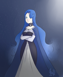 Size: 1024x1244 | Tagged: safe, artist:cheerfulcolors, princess luna, human, g4, cape, clothes, dress, female, humanized, solo