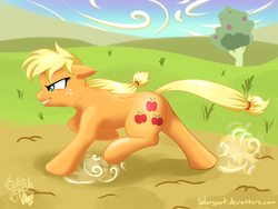 Size: 4000x3000 | Tagged: safe, artist:solarspark, applejack, g4, apple tree, female, floppy ears, grin, hatless, missing accessory, newbie artist training grounds, running, smiling, solo, tree