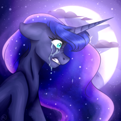 Size: 3500x3500 | Tagged: safe, artist:micky-ann, princess luna, tantabus, g4, crying, floppy ears, high res, moon, nose wrinkle